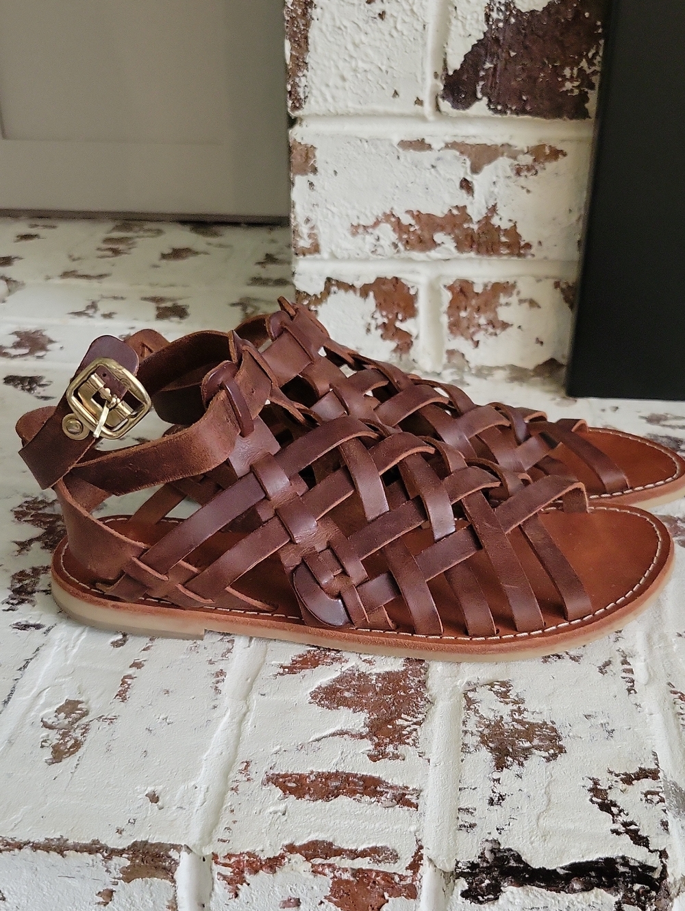 Brown Leather Woven Gladiator Sandals